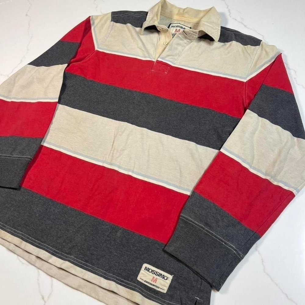 Mossimo Rugby Shirt Mens Medium Red Grey Cream Striped Long Sleeve Polo